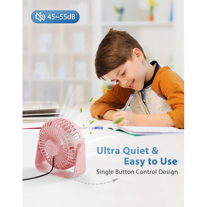 Триполю USB Настільний Вентилятор, 3 швидкості, регульований, потужний потік повітря, 360° обертання, кабель 1,5 м, рожевий, компактний міні-вентилятор