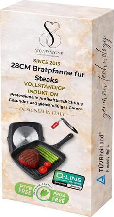 Stone&Stone Сковорода гриль індукційна 28 см квадратна з антипригарним покриттям та знімною ручкою, німецька кераміка, сталеве дно, для газових плит та духовки, без PFAS, PFOA та PTFE
