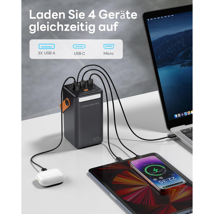 Powerbank 65W з USB-C, 50000mAh, LED дисплеєм, для ноутбуків, MacBook, телефонів (Samsung S23), чорний