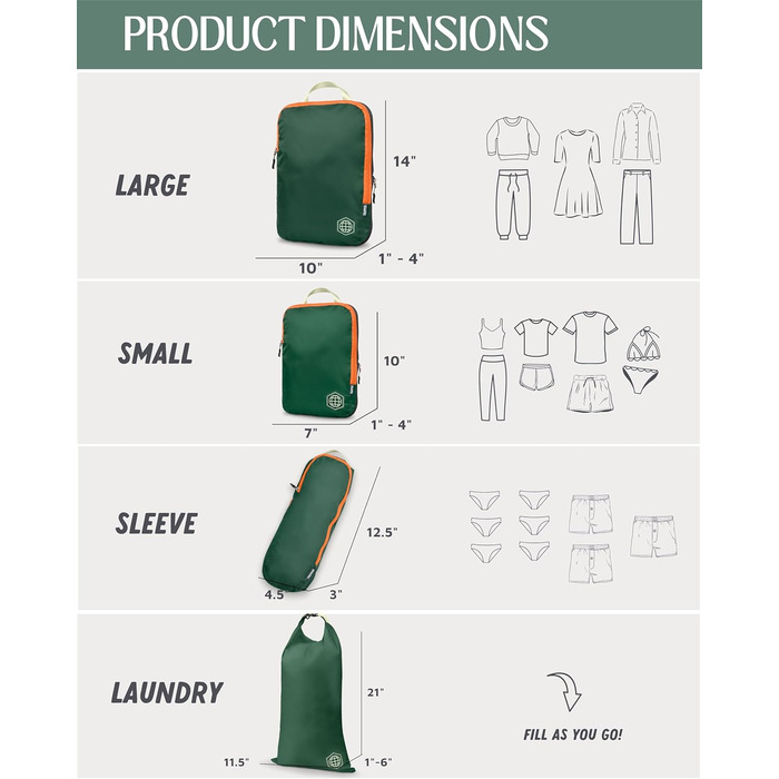 Набір кубиків для пакування TRIPPED Travel Gear: Органайзери для багажу з подвійним замком, компресія, білий, зелений (зелений/помаранчевий, 6 шт.)