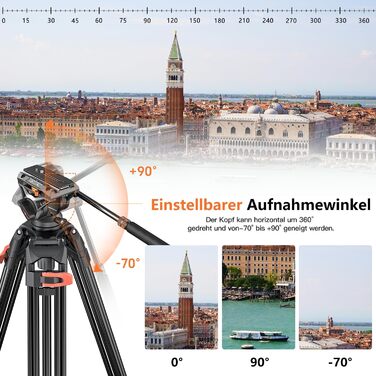 Штатив для камери COMAN 186см з алюмінію, 360° обертання та +/-90° нахил, відео штатив, максимальне навантаження 10кг