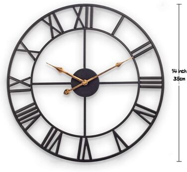 Large Wall Clock, European Industrial Vintage Wall Clock with Roman Numerals, Silent No Ticking Sounds Metal Wall Clock, Decorative Wall Clock for Living Room, Kitchen, Bedroom - 35cm, Black