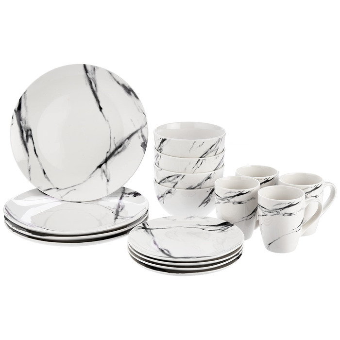 Набір посуду American Atelier Marble Coupe 16 предметів - Білий фарфоровий сервіз для вечері, обідні та десертні тарілки, чашки та піали. Ідеальний подарунок!
