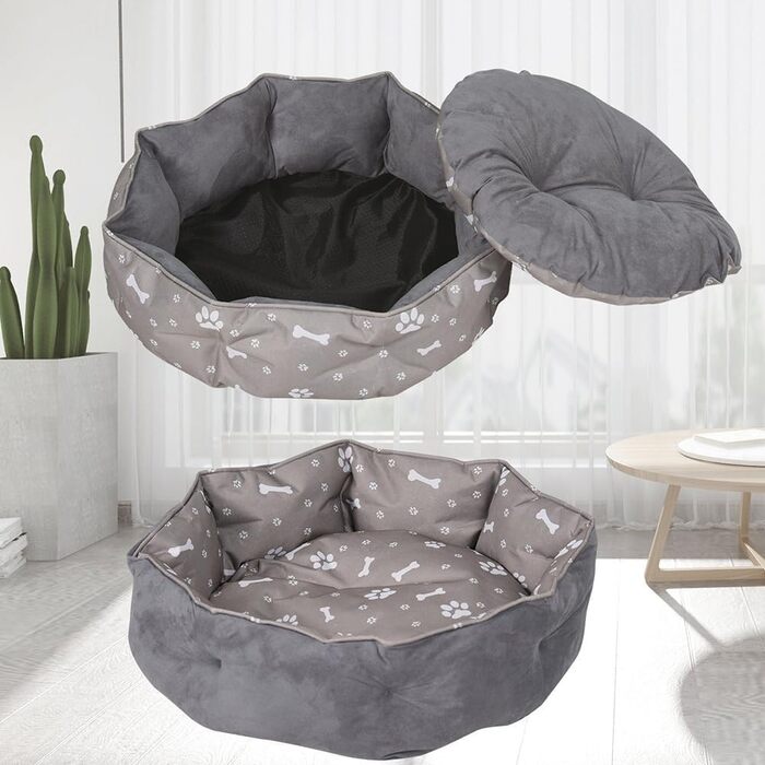 Квіткове ліжко для котів Mucola, Ø60 см, з двостороннім внутрішнім подушечкою, антиковзаюче, водовідштовхувальне, сіре. Підходить для котів та маленьких собак.