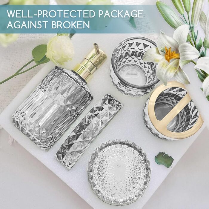 Набір аксесуарів для ванної кімнати зі скла, 5 шт. (Дозатор для лосьйону, мильниця, тримач для зубних щіток, стакан, ватні палички)