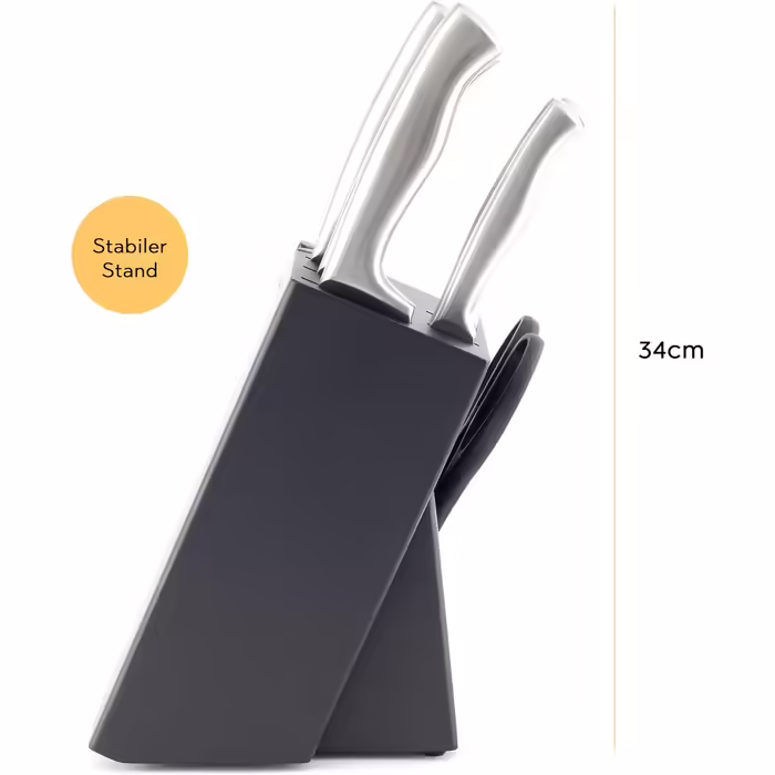 Hanseküche Knife Block - 7-Piece Knife Set with Integrated Sharpener - Knife Holder with Knives - Kitchen Knife Set Chef's Knife, Knife Set with Block, Black Knives