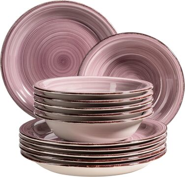 MÄSER 931951 Bel Tempo II, 12-piece tableware set for 6 people with a modern vintage look, hand-painted in the Berry purple hue, stoneware.