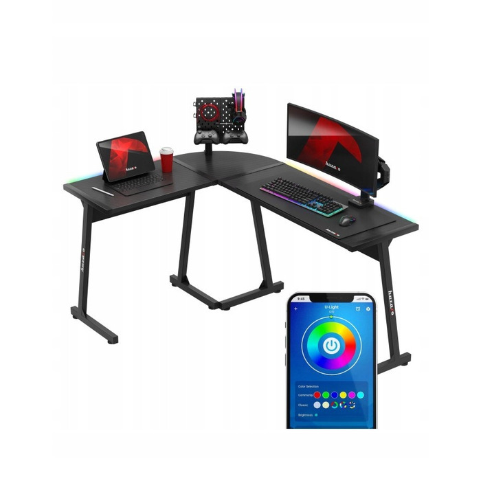 Ігровий кутовий стіл Huzaro Hero 6.0, чорний, RGB LED, регульовані ніжки