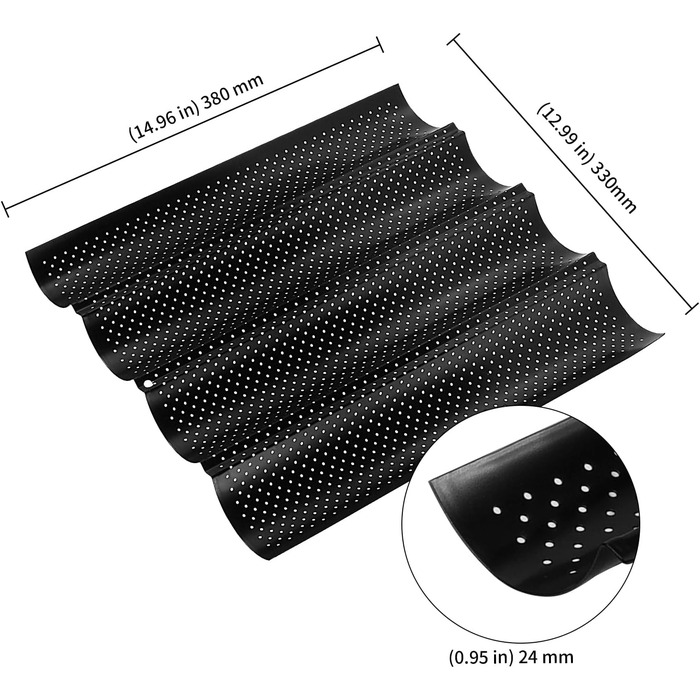 KEILEOHO 3-Piece Baguette Baking Pan, Baguette Baking Sheet with 4 Cavities, 38 x 33 cm Baguette Baking Sheet/Pan, Bread Baking Accessories for 4 Baguettes, Black