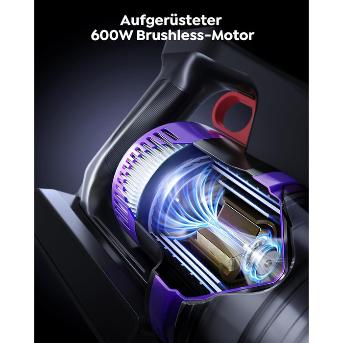 Бездротовий акумуляторний пилосос 600W, 50KPa, 65 хвилин роботи, з HD-дисплеєм, ароматерапією, контейнером 1,8L, світлодіодне освітлення, щітка для килимів, твердих поверхонь та шерсті тварин