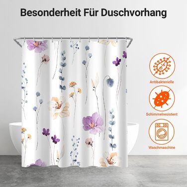 Штора для душу 240x200 см, квіти, поліестер, антигрибкова, водовідштовхувальна, з кільцями та утяжувачем (Ліловий)