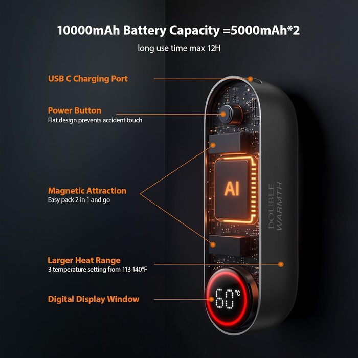 Електричний грієчка для рук SUPPOU 2 шт. 5000mAh з LED-ліхтариком, акумуляторний, для активного відпочинку та спорту, сірий