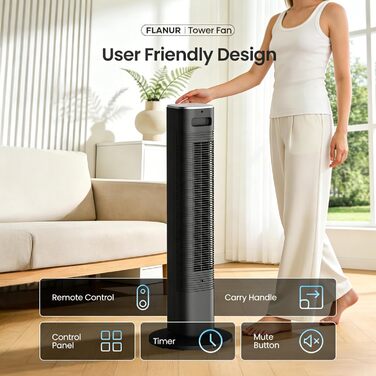 Вежа-вентилятор FLANUR WiFi Alexa 91 см: Тихий вентилятор з пультом, 4 режими, 90° осциляція, таймер 12 год, чорний