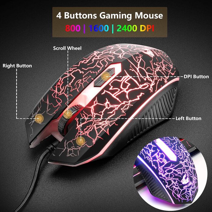 Ігровий набір клавіатури, навушників та миші: клавіатура 104 клавіші з підсвічуванням Rainbow, миша 2400DPI, навушники 7.1 Surround Sound RGB, мишка під клавіатуру, сумісний з PS4, Xbox (потрібен адаптер), білий/чорний