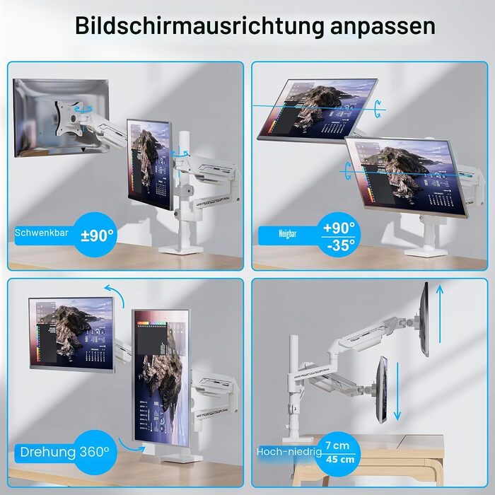 Кронштейн для монітора Fydeamer Dual, газліфт для двох екранів 17-35 дюймів, посилений настільний тримач з регулюванням висоти та нахилу, VESA, білий