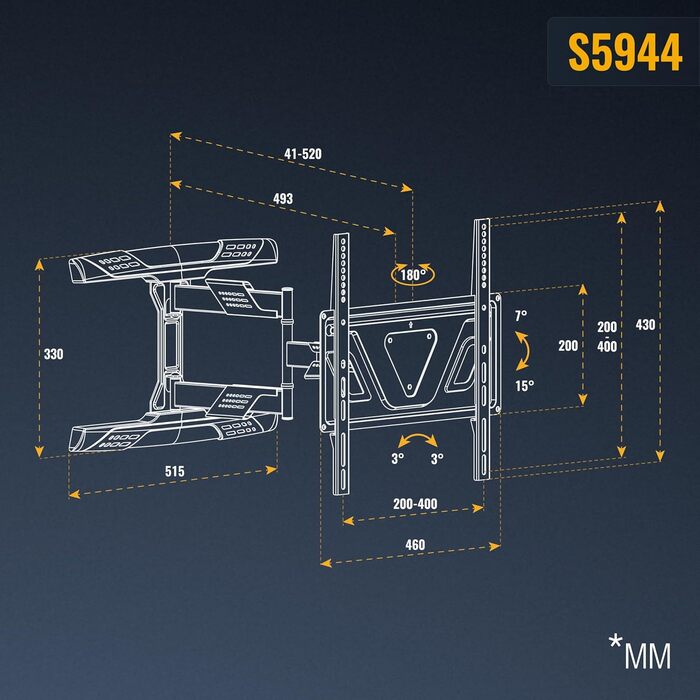 Кріплення для телевізора RICOO S9544 - поворотне та нахильне, для телевізорів 40-65 дюймів, до 45 кг, VESA 400x400 мм, універсальне, підходить для плоских та curved телевізорів
