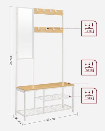 VASAGLE Coat Rack, Coat Stand with Hooks, Clothes Rack with Mirror, Shoe Bench and Shelves, 36 x 98 x 185 cm, for Entryway, Bedroom, Living Room, Vintage Brown-Black HSRAM050B01 (Oak Color + White)