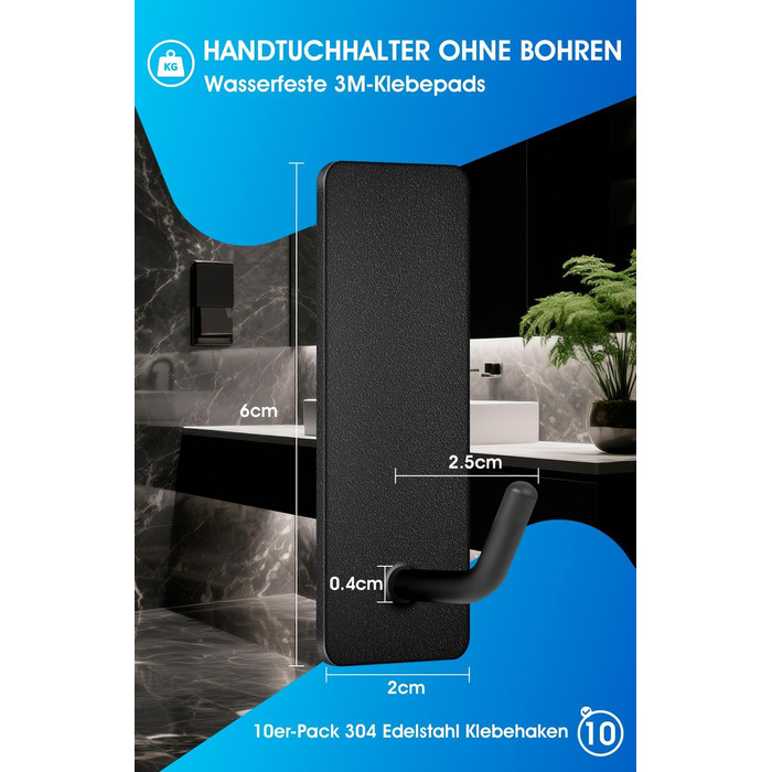 Набір гачків для рушників без свердління, 10 шт., самоклеючі гачки з нержавіючої сталі 304, надміцні клейкі гачки для великих предметів, гачки на стіну для ванної, туалету та кухні, стійкі до іржі, чорні гачки для рушників