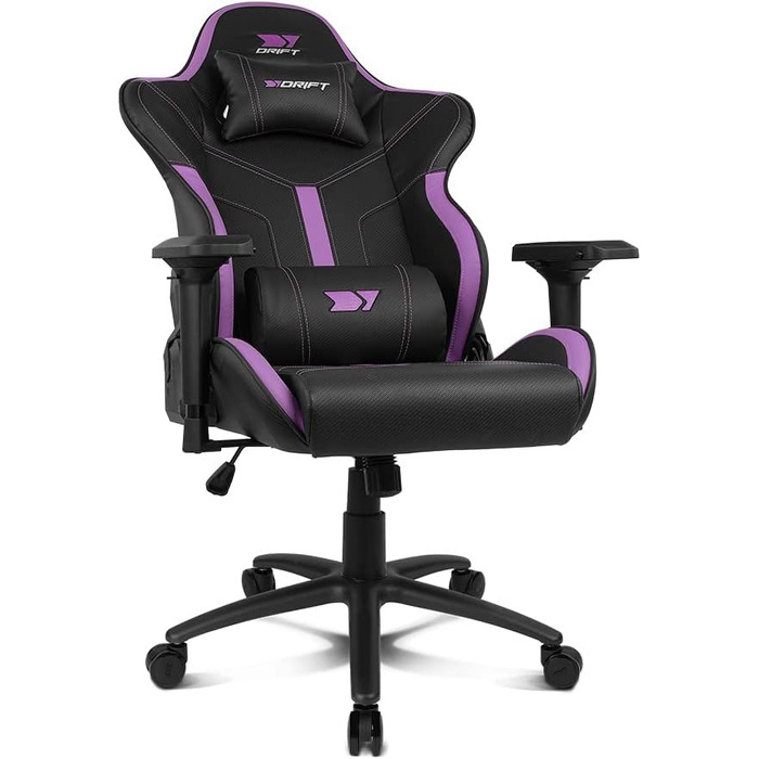 Професійне ігрове крісло DRIFT GAMING DR350 ергономічне, з 4D-підлокітниками, подушками під поперек та шию, нахил 135°, безшумні колеса, чорно-фіолетове