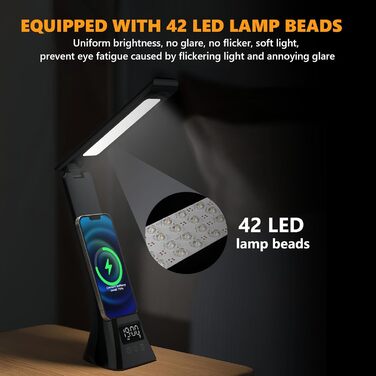 LED лампа настільна AMFUN з USB, регулюванням яскравості, захистом для очей, годинником та торканням, 3 кольори, нічник для читання, офіс