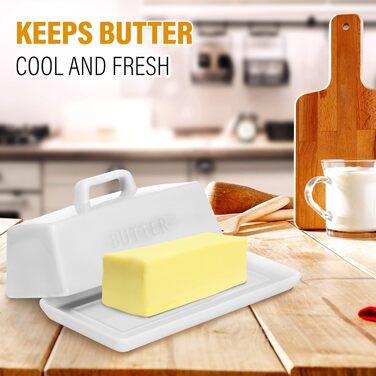 Ceramic Butter Dose Set with Lid and Knife, Decorative Butter Stick Holder with Handle for 1 Butter Stock, Microwave Safe, Dishwasher Safe, Includes Anti-Scratch Sticker