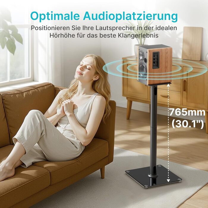 Підставка для акустики саундбару, універсальна, чорна, 76.5 см, 25 кг, з кабелеуправлінням та скляною основою (1 шт.)