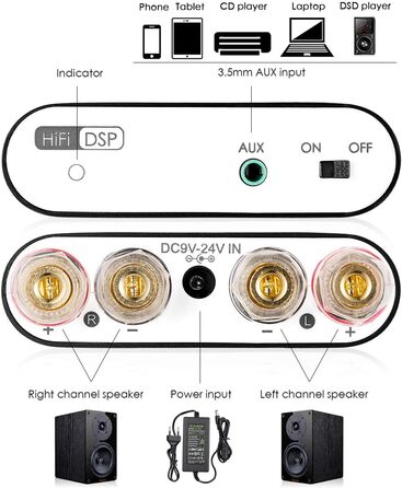 Nobsound NS-10G PRO стерео підсилювач Hi-Fi DSP 2x100Вт, Bluetooth 5.0, 2-канальний міні аудіо підсилювач для домашніх колонок, цифровий, чорний, з блоком живлення
