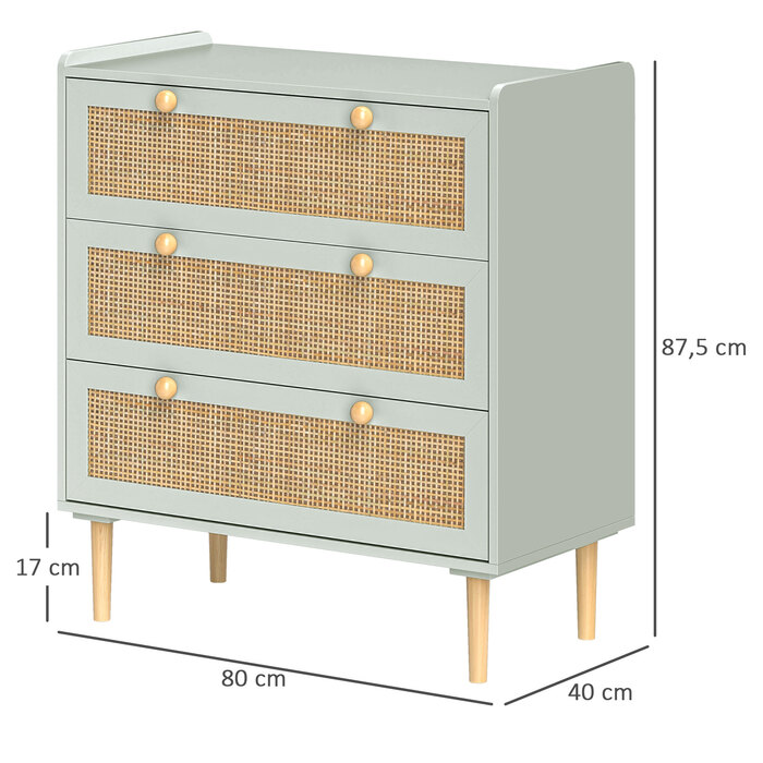 HOMCOM Bedside Table/Chest of Drawers with 3 Drawers, Sideboard with Boho Style, Rattan Look, Chest of Drawers for Living Room, Bedroom, Light Blue 80 x 40 x 87.5 cm | Aosom