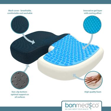Ортопедична подушка для сидіння Bonmedico з Memory Foam та гелевим наповнювачем - для автомобіля, офісного крісла, інвалідного візка. Синя, для комфорту та підтримки спини.