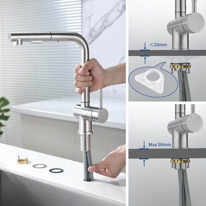 Змішувач кухонний CECIPA Hochdruck, висувна модель з донцем, шлангом та двома струменями, чорний, нержавіюча сталь, 360° обертання, ×207B (L-подібний, матовий нержавіюча сталь)