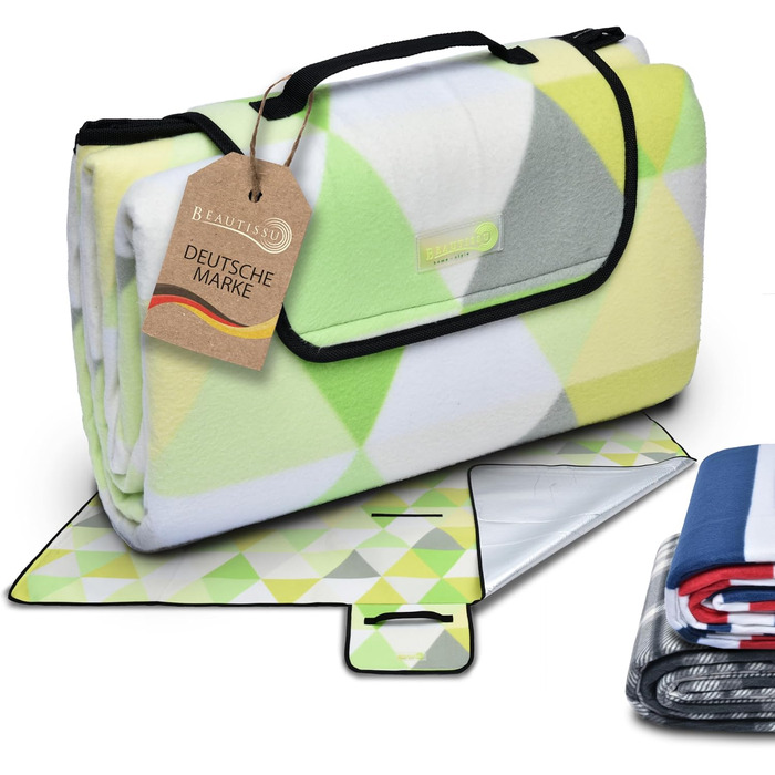 Beautissu XXL Плед для пікніка, водовідштовхувальний, ізольований, 200x200 см, сірий/зелений. Підходить для пляжу, кемпінгу, відпочинку на природі.