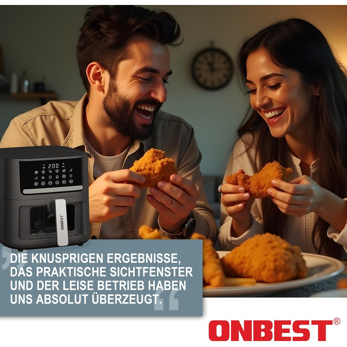 Фритюрниця ONBEST з великим оглядовим вікном та 12 програмами приготування – XL Airfryer об'ємом 6,5 л, 1600 Вт + 100 листів пергаментного паперу для випікання. Готування без олії для 2-5 осіб