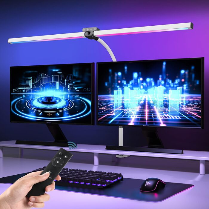 LED лампа для столу Doppelkopf з RGB, регулюванням яскравості 24W, з пультом дистанційного керування, кріпленням, денним світлом, безступеневим регулюванням & кольором, для офісу та дому (чорна) (білий)