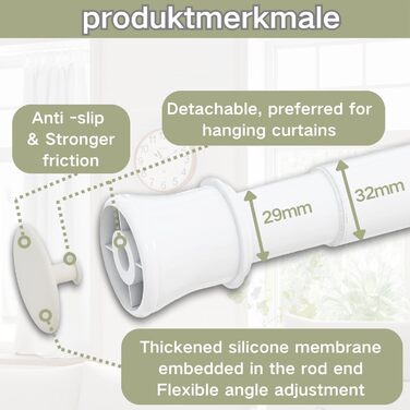 Штанга для карниза без свердління та шурупів, телескопічна, для душу та шафи, 85-230 см (діаметр 32 мм)