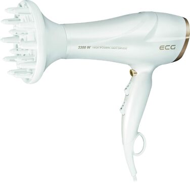 Фен ECG Vv 2200: 2 режими потужності, 3 температурні режими, іонізація, LED-дисплей, захист від перегріву, білий та золотий