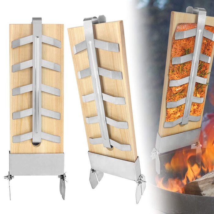 Набір дощок для запікання лосося NAIZY з кедра з тримачем із нержавіючої сталі, 5 рівнів регулювання, для вогнища та гриля, 2 шт.