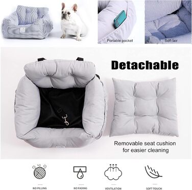 Автокрісло для собак PETCUTE - зручне, миється, з кишенею та страхувальним ремінцем, сірого кольору