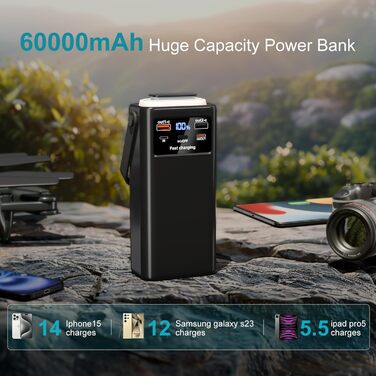 Power Bank 50000mAh з кабелем, швидка зарядка USB-C PD20W/QC22.5W, LED-індикатор, 2 входи/5 виходів, для телефонів, планшетів, подорожей, кемпінгу - Чорний
