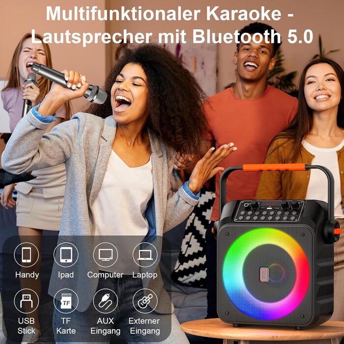 Караоке-машина HWWR з 2 бездротовими мікрофонами, портативна караоке-система, лавадина з RGB-підсвічуванням для дому, PA-система для вечірок, підтримує TWS, чорна