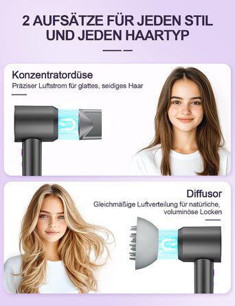 Іонний фен DMTIVMG з потужним мотором 150 000 об/хв, 200 млн негативних іонів, 4 температурні режими, 3 швидкості, швидке сушіння, магнітне сопло, тихий