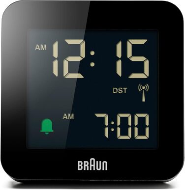 Braun Digital Radio Alarm Clock Central European Time (CET) with Snooze Function, Negative LC Display, Quick Set Function, Crescendo Alarm in Black, Model BC09B-DCF.