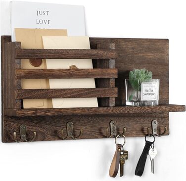Keys and Mail Holder for Wall Rustic Natural Paulownia Wood 4 Double Hook Hanger Wall Organizer for Decoration, Bags, Accessories, Hardware and Manual Included (brown)