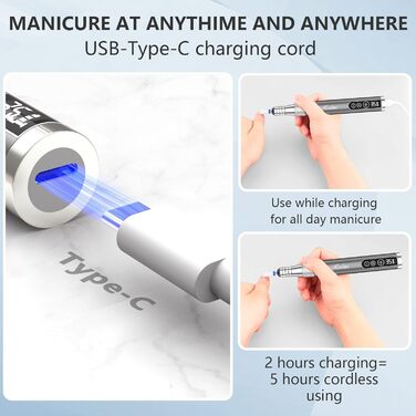 Електрична машинка для манікюру та педикюру Kredioo бездротова, 35000 об/хв з 6 насадками для видалення кутикули, шкарлагу, акрилу та гелю