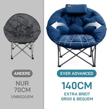 Крісло-місяць EVER ADVANCED Luxus XXL для кемпінгу, складне, до 150 кг, блакитне. З подушкою, для саду, балкону, приміщення.