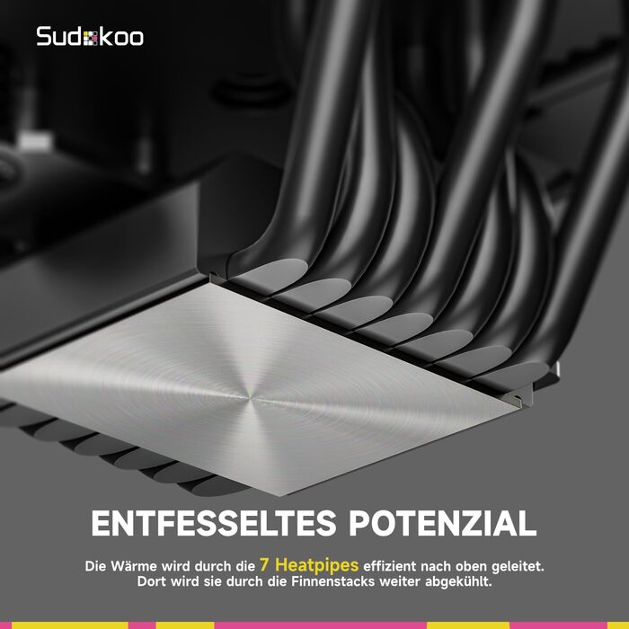 Система охолодження CPU Sudokoo SK700V AM5: Кулер для ПК з дисплеєм, 120мм вентилятор, 7 heatpipes, сумісний з AM5, безперешкодний доступ до RAM, 5 років гарантії, чорний