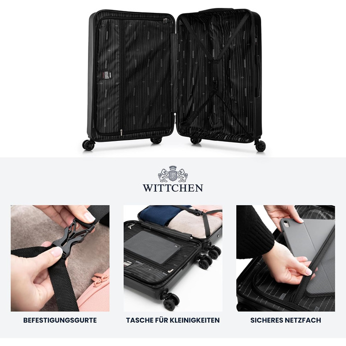 WITTCHEN Skyspeed Line - великий валіза з жорстким корпусом ABS, 4 колеса, телескопічна ручка, комбінаційний замок, чорний. Підходить для авіакомпаній Lufthansa, Eurowings, Ryanair, Condor