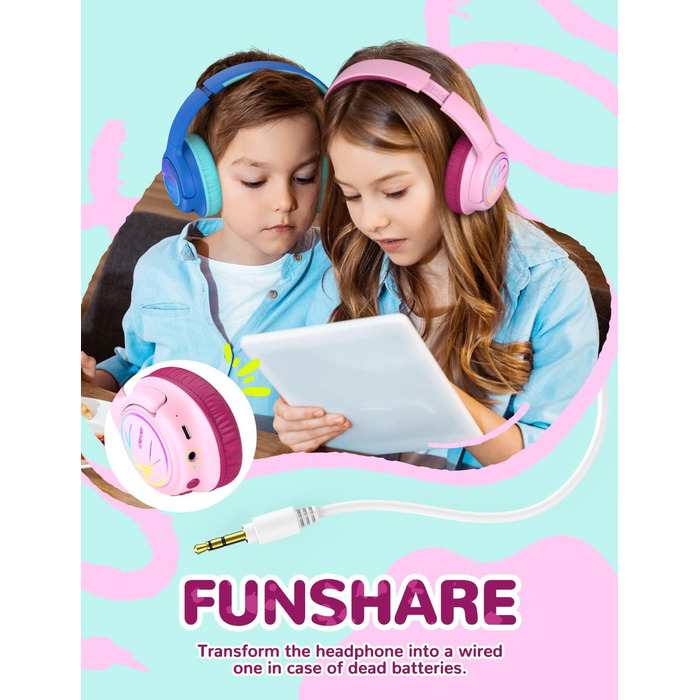 iClever Дитячі навушники Bluetooth з LED-підсвічуванням, обмеження гучності 74/85 дБ, 43 години роботи, стерео звук, Type-C, AUX-кабель, Bluetooth 5.3, для планшетів/подорожей, рожеві