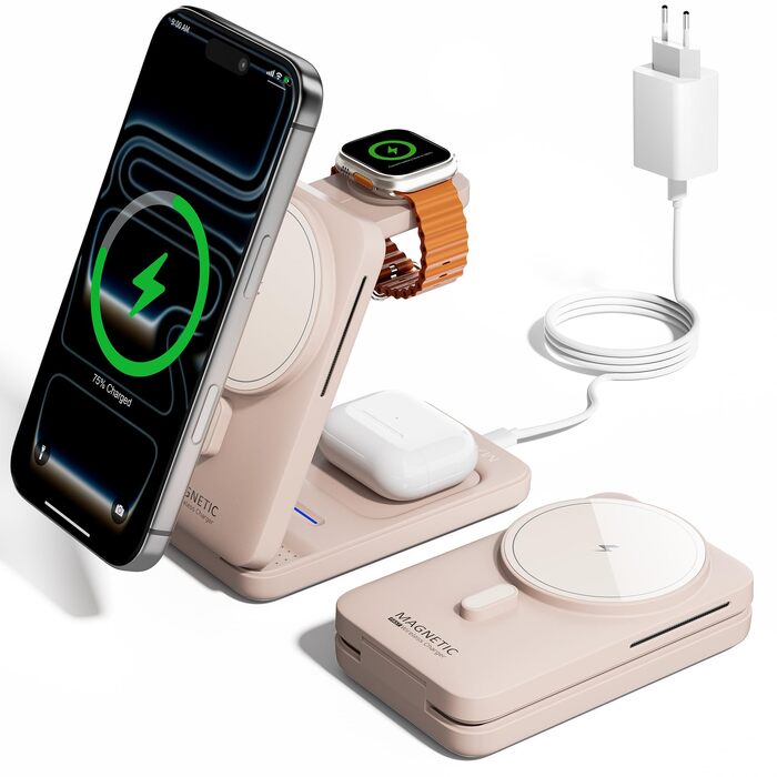 Бездротова зарядна станція KPON MagSafe 3-в-1 для iPhone 17-12, Apple Watch 11-2 та AirPods, складана швидка зарядка з адаптером 20W, Рожева