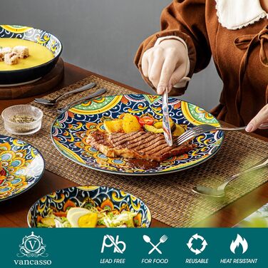 Tableware service for 6 people, vancasso simi 24-piece combination tableware set made of porcelain, dinnerware set with dinner plates, dessert plates, soup plates, and bowls, Bohemian style 24-piece tableware service