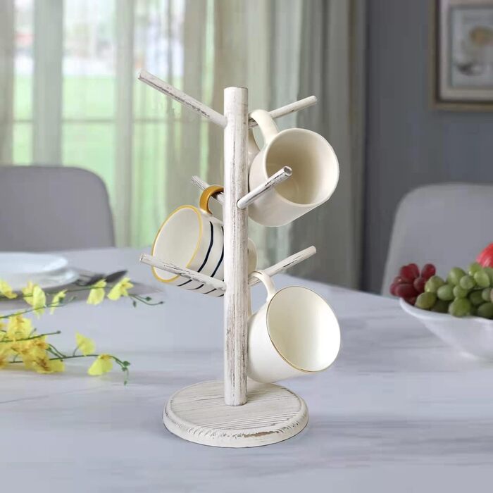 Dorho Cup Holder, Tree, Coffee Cup Holder with 6 Hooks, Wooden Cup Holder for Countertop, Coffee Bar Accessories and Organizer Station, White (Rustic White)